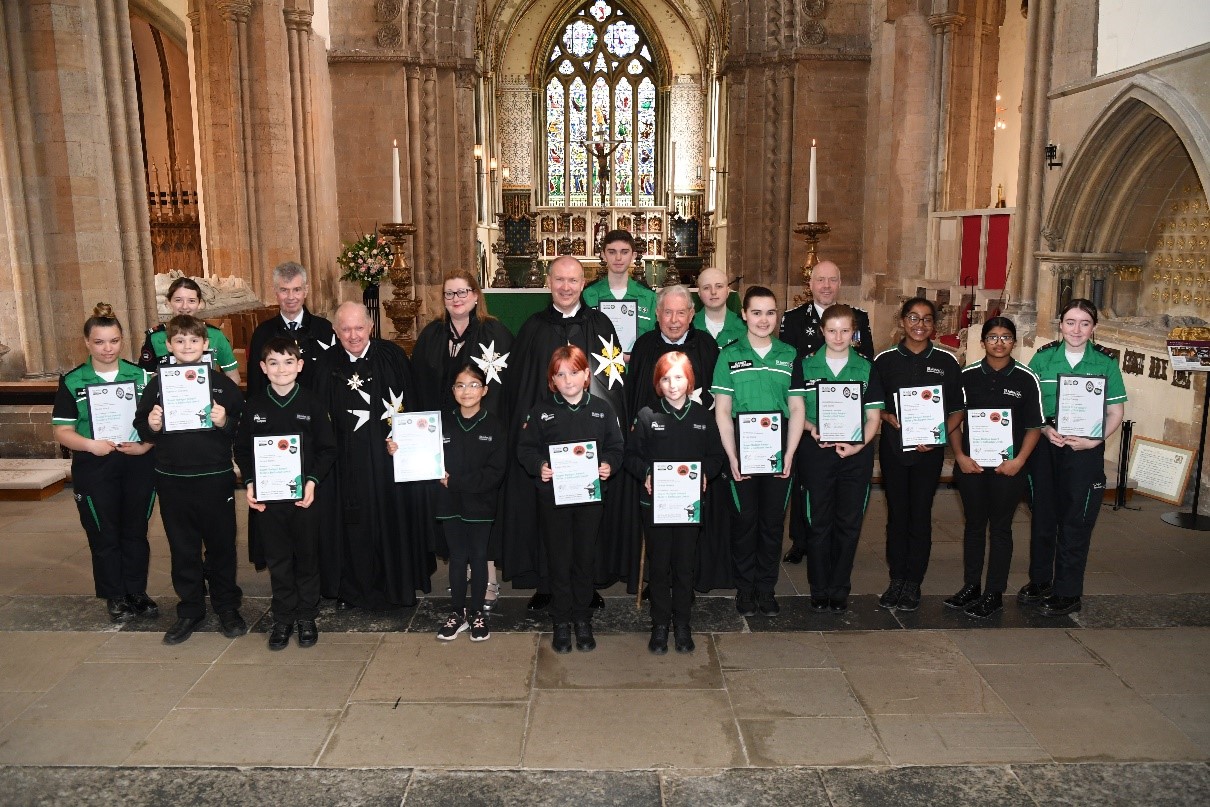 St John Ambulance Cymru Badgers and Cadets who received awards at the 2024 Investiture Service at Llandaff Cathedral in Cardiff